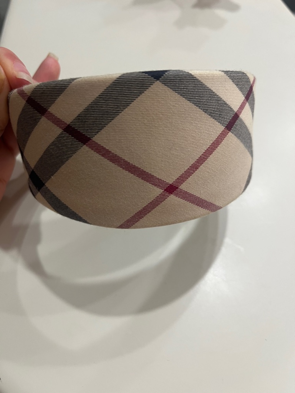 Burberry Beige Plaid Headband with Navy Label and Burgundy Stripes - Picture 5 of 5